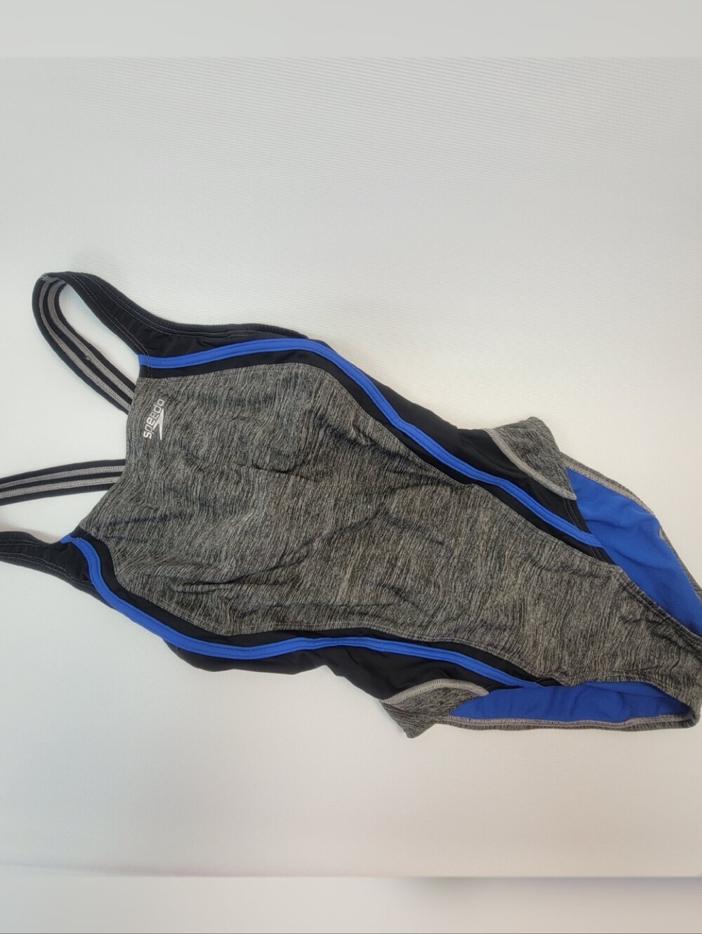 Speedo Athletic Gray Heather One-Piece Swimsuit Bathingsuit Black Blue Side Sz 6